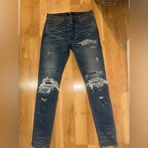 AMIRI Dark Blue Distressed Skinny Jeans